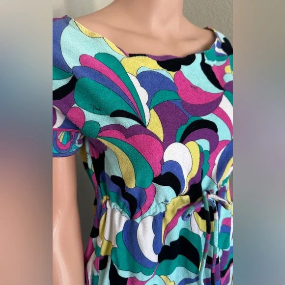 Vintage Emilio Pucci Multicolor Wave iconic Print Terry Cloth Midi Dress